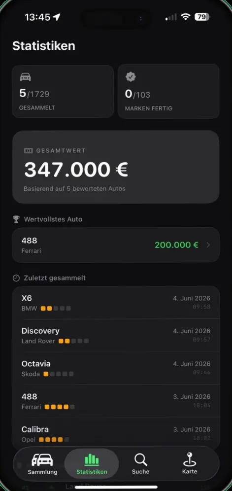 Statistik-Ansicht in CarCollector mit gesammelten Autos und Gesamtwert