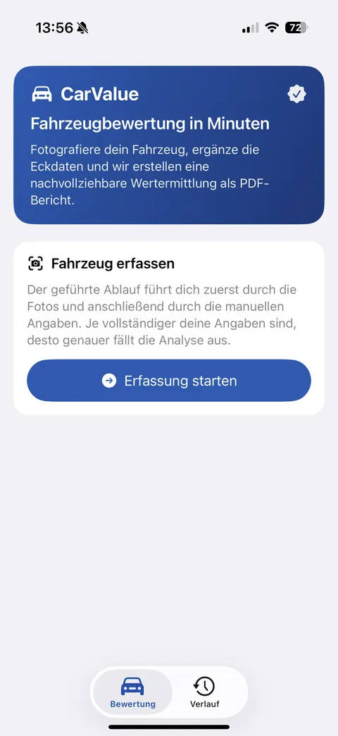 Startbildschirm von CarValue mit dem Einstieg in die Fahrzeugerfassung