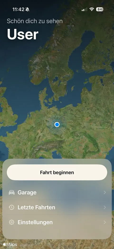Startbildschirm von DrivenFocus mit Karte und Fahrt-Button